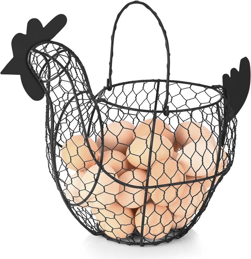 Flexzion Chicken Egg Basket for Collecting Eggs, Small Wire Egg Collecting Basket with Handle for Eggs, Fruits, Vegetables, Farmhouse Rustic Style Chicken Basket Decor for Kitchen Countertop, Brown - Image 1